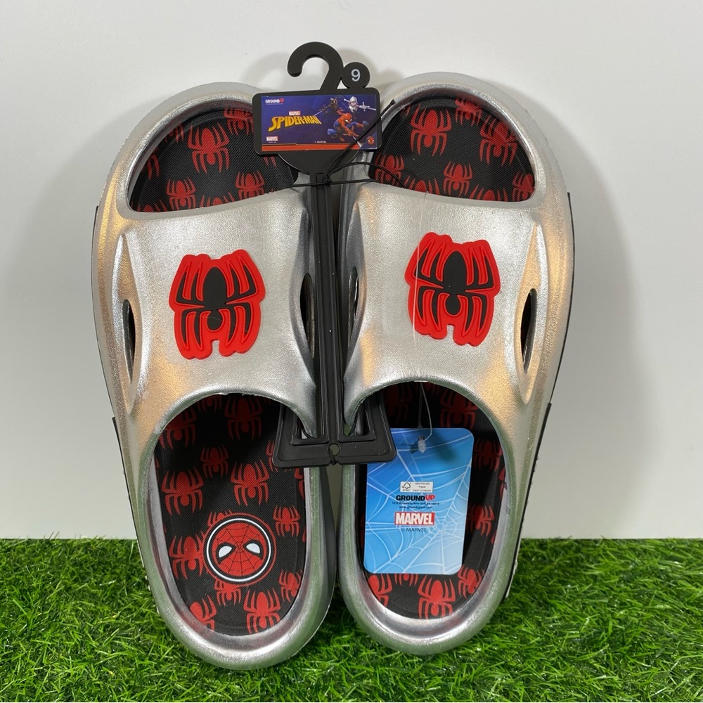 Marvel Spider-Man Metallic Silver Slide Sandals Men Size 9 Amazing Comfort RARE